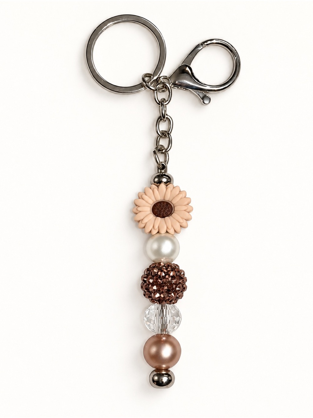 Handmade Neutral Daisy Beaded Keychain Bag Charm